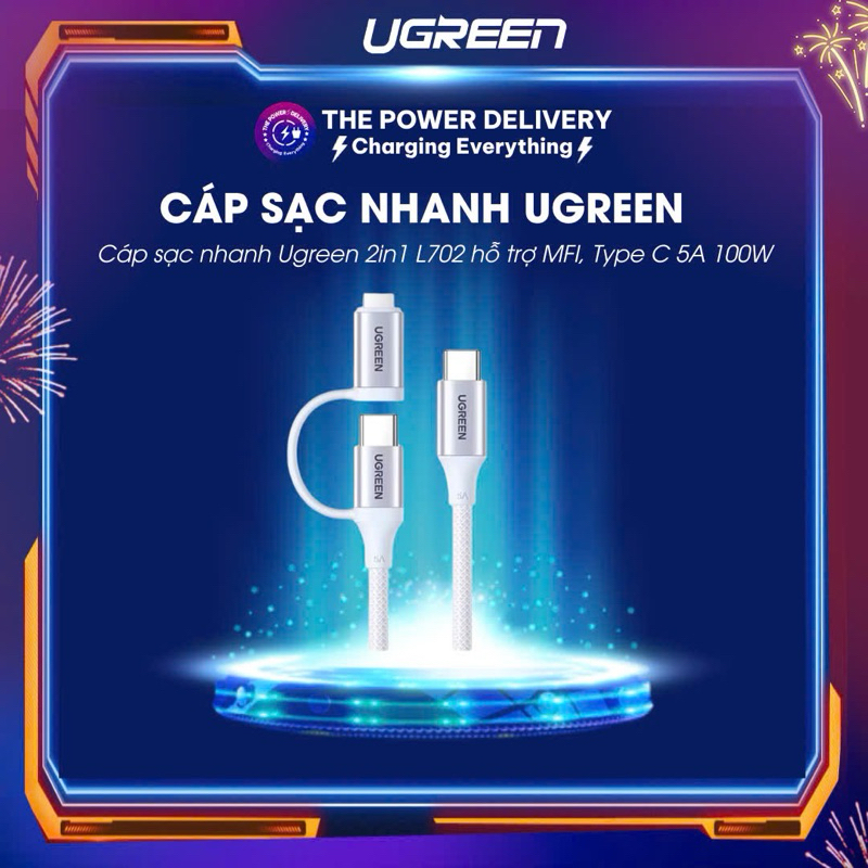 images-upload-woo2F64b15d3fa261a501c8d2197ecd0af280.jpg Cáp sạc nhanh Ugreen 2in1 L702 bọc dù chắc chắn hỗ trợ MFI Type C công suất 5A 100W phiên bản Type C 1